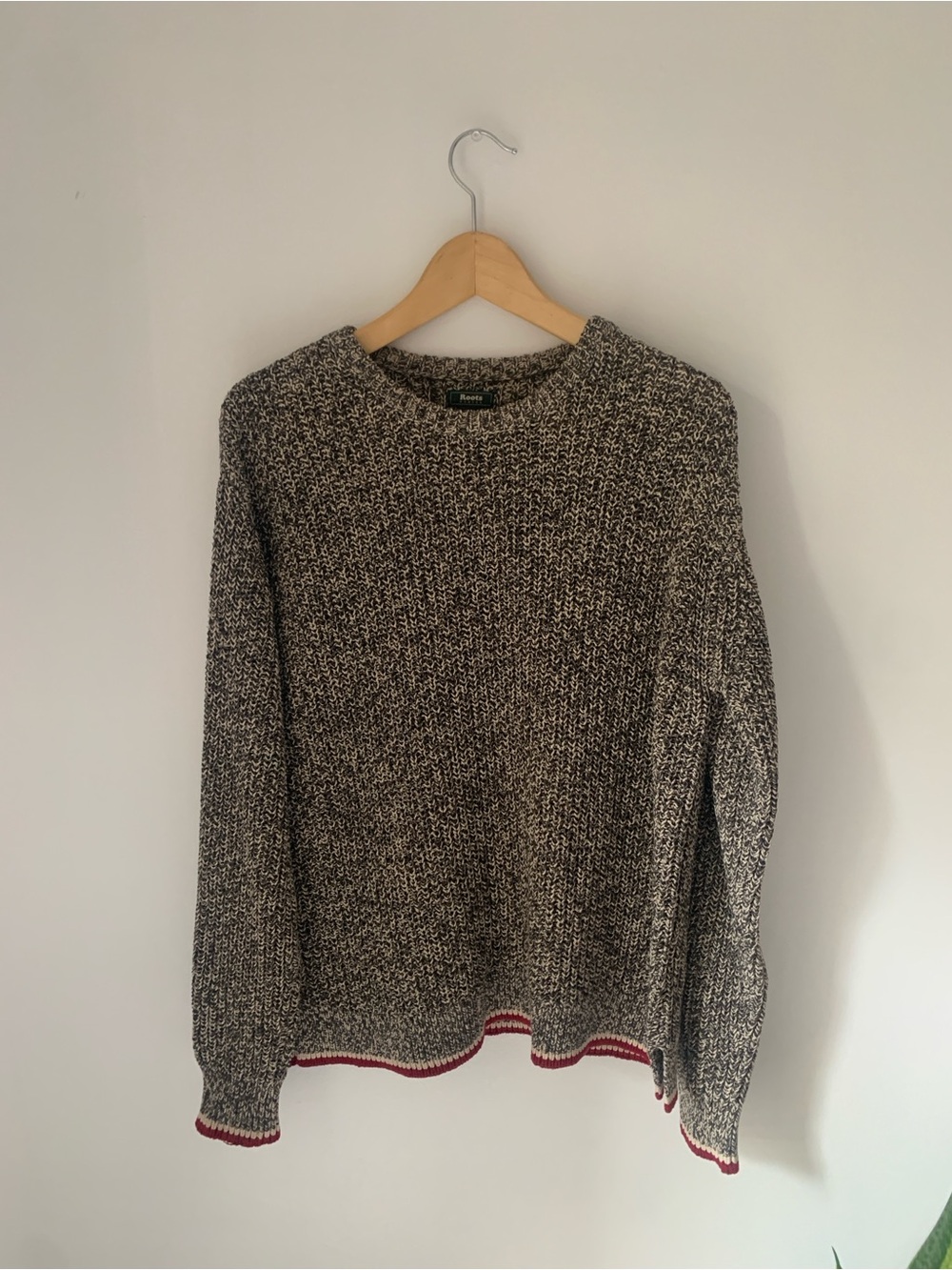Roots Marled Black & White Oversized Cabin Crewneck Sweater with Red Trim